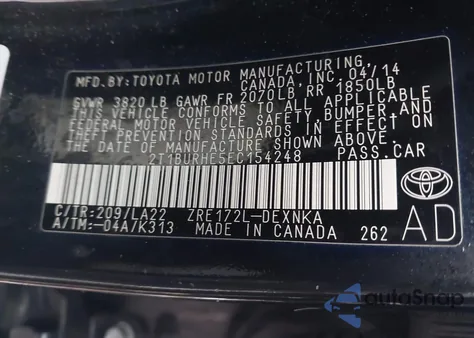 2014 Toyota Corolla Le Premium z USA, uszkodzony, nr VIN 2T1BURHE5EC154248